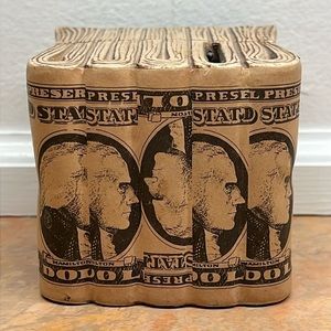 1975 Vintage Ceramic Ten Dollar Bills Stacks Coin
Piggy Bank 3"Height × 3.5"Wide